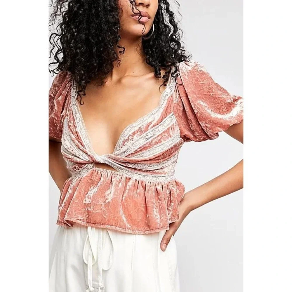 Free People Yours Truly Velvet Puff Sleeve Top Regency Empire Waist Sz S Pink